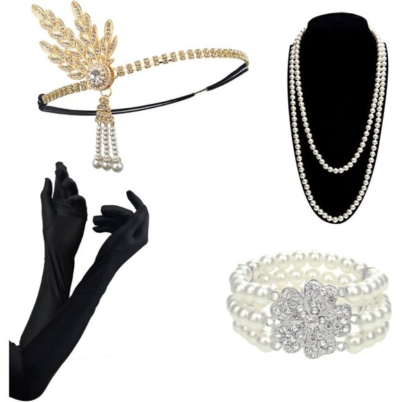 1920s Flapper Accessories Set Headband Gloves Pearl Vintage Costume main image 5